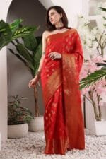 Red Banarasi Silk Saree - Luxurious Katan Silk Saree with Golden Zari Work and Matching Blouse Piece - Image 3