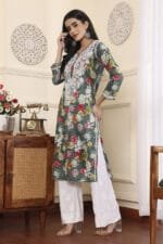 Hand Embroidered Lucknowi Chikankari Mulmul Cotton Kurti – Green Floral Print - Image 5
