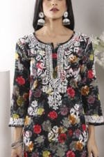 Hand Embroidered Lucknowi Chikankari Mulmul Cotton Kurti – Black Floral Print - Image 6
