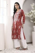 Hand Embroidered Lucknowi Chikankari Mulmul Cotton Kurti – Red Leaves Print - Image 6