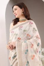 Off White Banarasi Silk Saree - Luxurious Katan Silk Saree with Golden Zari Work and Matching Blouse Piece - Image 5