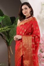 Red Banarasi Silk Saree - Luxurious Katan Silk Saree with Golden Zari Work and Matching Blouse Piece - Image 6