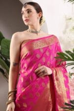 Pink Banarasi Silk Saree - Luxurious Katan Silk Saree with Golden Zari Work and Matching Blouse Piece - Image 3