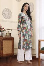 Hand Embroidered Lucknowi Chikankari Mulmul Cotton Kurti – Green Floral Print - Image 6