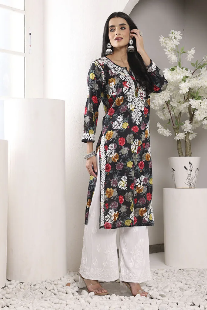 Chikankari Mulmul Cotton Kurti – Black Floral Print