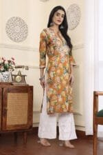 Hand Embroidered Lucknowi Chikankari Mulmul Cotton Kurti – Turmeric Yellow Floral Print - Image 4