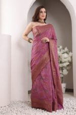 Magenta-Red Banarasi Silk Saree - Luxurious Katan Silk Saree with Golden Zari Work and Matching Blouse Piece - Image 5