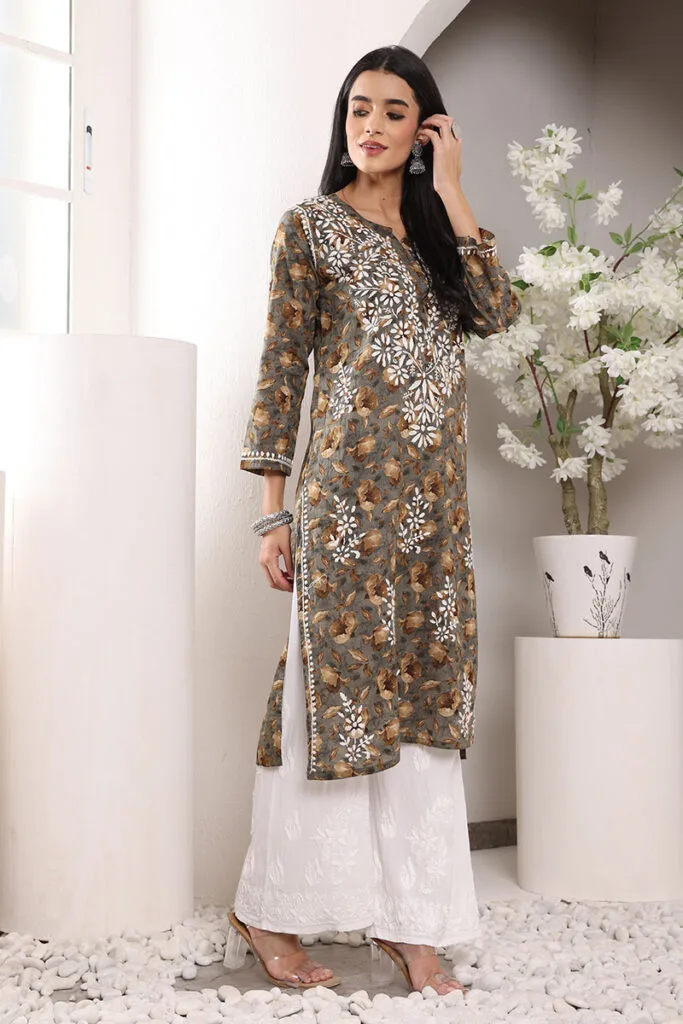 Lucknowi Chikankari Mulmul Cotton Mehndi Green Kurta
