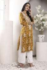 Hand Embroidered Lucknowi Chikankari Mulmul Cotton Kurti – Yellow Leaves Print - Image 8