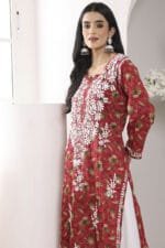 Hand Embroidered Lucknowi Chikankari Mulmul Cotton Kurti – Red Leaves Print - Image 7