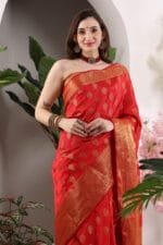 Red Banarasi Silk Saree - Luxurious Katan Silk Saree with Golden Zari Work and Matching Blouse Piece - Image 7