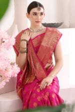 Pink Banarasi Silk Saree - Luxurious Katan Silk Saree with Golden Zari Work and Matching Blouse Piece - Image 4