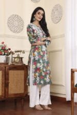 Hand Embroidered Lucknowi Chikankari Mulmul Cotton Kurti – Green Floral Print - Image 7