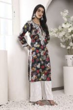 Hand Embroidered Lucknowi Chikankari Mulmul Cotton Kurti – Black Floral Print - Image 7