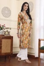 Hand Embroidered Lucknowi Chikankari Mulmul Cotton Kurti – Turmeric Yellow Floral Print - Image 5