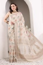 Off White Banarasi Silk Saree - Luxurious Katan Silk Saree with Golden Zari Work and Matching Blouse Piece - Image 3