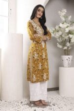 Hand Embroidered Lucknowi Chikankari Mulmul Cotton Kurti – Yellow Leaves Print - Image 9