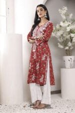 Hand Embroidered Lucknowi Chikankari Mulmul Cotton Kurti – Red Leaves Print - Image 8