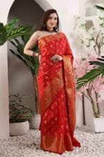 Red Banarasi Silk Saree - Luxurious Katan Silk Saree with Golden Zari Work and Matching Blouse Piece - Image 4