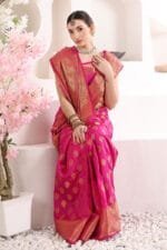 Pink Banarasi Silk Saree - Luxurious Katan Silk Saree with Golden Zari Work and Matching Blouse Piece - Image 5