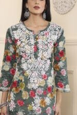 Hand Embroidered Lucknowi Chikankari Mulmul Cotton Kurti – Green Floral Print - Image 8