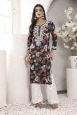 Hand Embroidered Lucknowi Chikankari Mulmul Cotton Kurti – Black Floral Print - Image 8