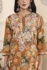 Hand Embroidered Lucknowi Chikankari Mulmul Cotton Kurti – Turmeric Yellow Floral Print - Image 7