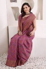 Magenta-Red Banarasi Silk Saree - Luxurious Katan Silk Saree with Golden Zari Work and Matching Blouse Piece - Image 3
