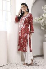 Hand Embroidered Lucknowi Chikankari Mulmul Cotton Kurti – Red Leaves Print - Image 9