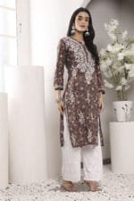 Hand Embroidered Lucknowi Chikankari Mulmul Cotton Kurti – Wine Leaves Print - Image 7