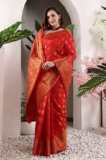 Red Banarasi Silk Saree - Luxurious Katan Silk Saree with Golden Zari Work and Matching Blouse Piece - Image 5