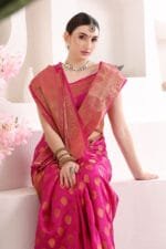Pink Banarasi Silk Saree - Luxurious Katan Silk Saree with Golden Zari Work and Matching Blouse Piece - Image 6
