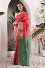 Light Red Banarasi Silk Saree - Luxurious Katan Silk Saree with Golden Zari Work and Matching Blouse Piece - Image 3