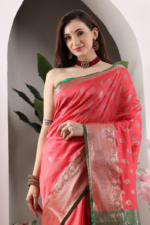 Light Red Banarasi Silk Saree - Luxurious Katan Silk Saree with Golden Zari Work and Matching Blouse Piece - Image 6