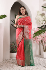 Light Red Banarasi Silk Saree - Luxurious Katan Silk Saree with Golden Zari Work and Matching Blouse Piece