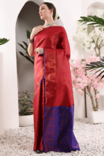 Red Banarasi Silk Saree - Luxurious Katan Silk Saree with Golden Zari Work and Matching Blouse Piece - Image 4