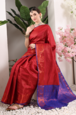 Red Banarasi Silk Saree - Luxurious Katan Silk Saree with Golden Zari Work and Matching Blouse Piece - Image 6
