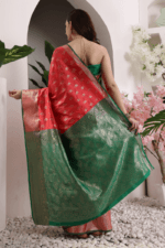 Light Red Banarasi Silk Saree - Luxurious Katan Silk Saree with Golden Zari Work and Matching Blouse Piece - Image 9