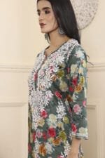 Hand Embroidered Lucknowi Chikankari Mulmul Cotton Kurti – Green Floral Print - Image 9