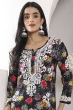 Hand Embroidered Lucknowi Chikankari Mulmul Cotton Kurti – Black Floral Print - Image 9
