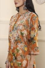 Hand Embroidered Lucknowi Chikankari Mulmul Cotton Kurti – Turmeric Yellow Floral Print - Image 8
