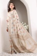Off White Banarasi Silk Saree - Luxurious Katan Silk Saree with Golden Zari Work and Matching Blouse Piece - Image 4