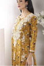 Hand Embroidered Lucknowi Chikankari Mulmul Cotton Kurti – Yellow Leaves Print - Image 11