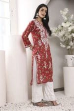 Hand Embroidered Lucknowi Chikankari Mulmul Cotton Kurti – Red Leaves Print - Image 10