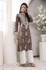 Hand Embroidered Lucknowi Chikankari Mulmul Cotton Kurti – Wine Leaves Print - Image 6