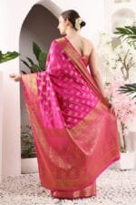 Pink Banarasi Silk Saree - Luxurious Katan Silk Saree with Golden Zari Work and Matching Blouse Piece - Image 7