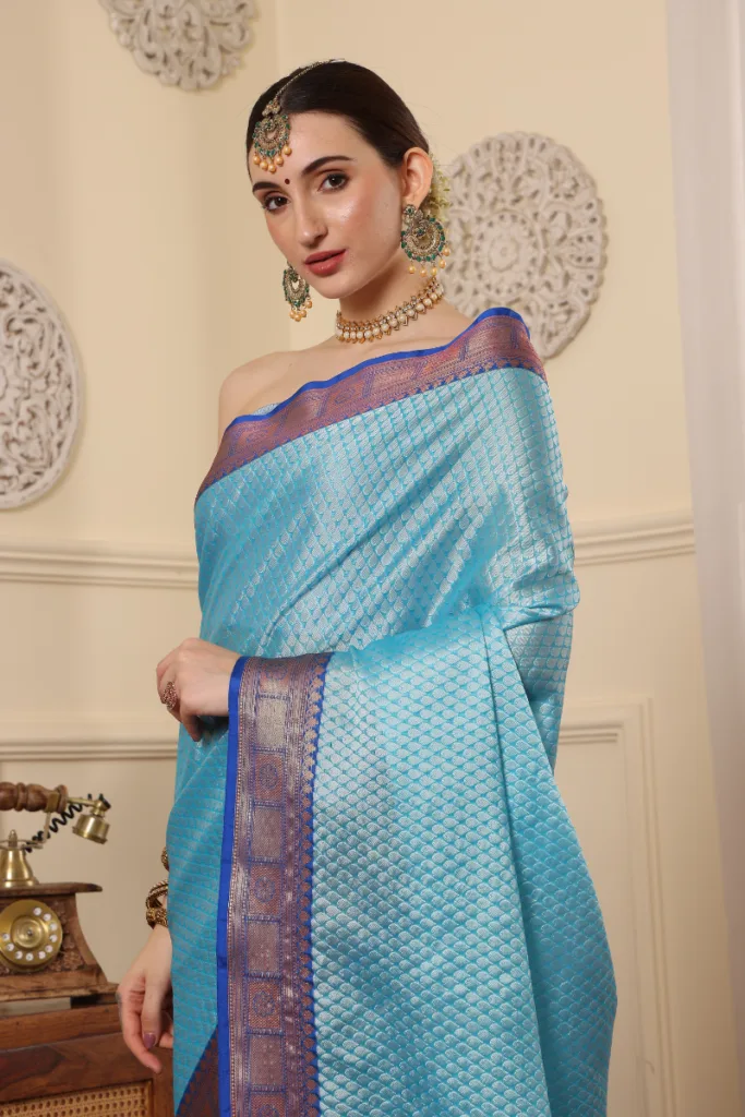 Sky-Blue Banarasi Silk Saree