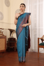 Steel Blue Banarasi Silk Saree - Luxurious Katan Silk Saree with Golden Zari Work and Matching Blouse Piece - Image 6