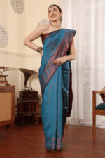 Steel Blue Banarasi Silk Saree - Luxurious Katan Silk Saree with Golden Zari Work and Matching Blouse Piece - Image 5
