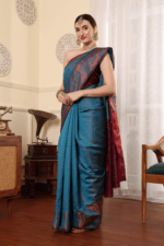 Steel Blue Banarasi Silk Saree - Luxurious Katan Silk Saree with Golden Zari Work and Matching Blouse Piece - Image 3